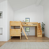 TROIKA XL NP : Multiple Bunk Beds Twin XL High Corner Loft Bunk with Angled Ladder and Stairs on Right, Natural, Panel