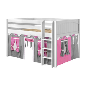 VILLA57 WP : Play Loft Beds Full Low Loft Bed with Straight Ladder + Curtain, Panel, White