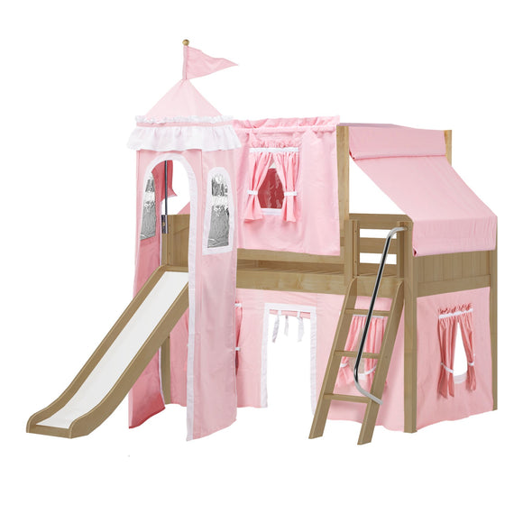 WOW23 NP : Play Loft Beds Low Loft Slide Bed with Curtains, Top Tent & Tower, Twin, Panel, Natural