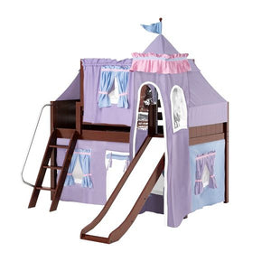 WOW27 CP : Play Loft Beds Low Loft Slide Bed with Curtains, Top Tent & Tower, Twin, Panel, Chestnut