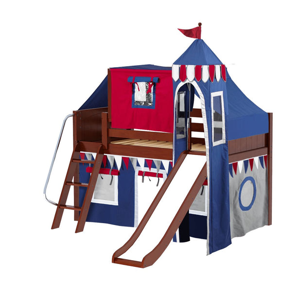 WOW44 CP : Play Loft Beds Twin Low Loft Bed with Angled Ladder, Curtain, Top Tent, Tower + Slide, Panel, Chestnut
