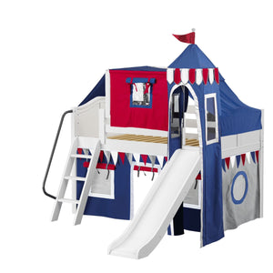 WOW44 WC : Play Loft Beds Twin Low Loft Bed with Angled Ladder, Curtain, Top Tent, Tower + Slide, Curve, White