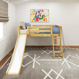 WOW NS : Loft Bed Twin Low Loft Bed with Slide and Angled Ladder on Front, Natural Birch Slats