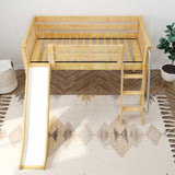 WOW NS : Loft Bed Twin Low Loft Bed with Slide and Angled Ladder on Front, Natural Birch Slats