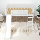 WOW WP : Loft Bed Twin Low Loft Bed with Slide and Angled Ladder on Front, Classic White Panel