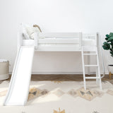 WOW WS : Loft Bed Twin Low Loft Bed with Slide and Angled Ladder on Front, Classic White Slats
