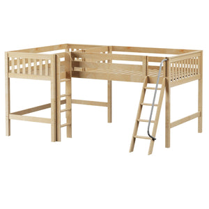 BOTH NS : Corner Loft Beds Full + Twin Mid Corner Loft Bed with Angled and Straight Ladder, Slat, Natural