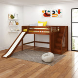 FINE CP : Play Loft Beds Full Mid Loft Bed with Stairs + Slide, Panel, Chestnut