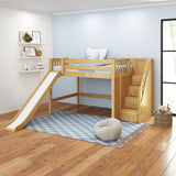 FINE NS : Play Loft Beds Full Mid Loft Bed with Stairs + Slide, Slat, Natural