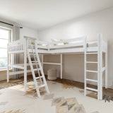 PINNACLE XL WS : Corner Loft Beds Queen + Twin XL High Corner Loft with Straight Ladder and Angled Ladder, Slat, White