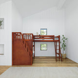 TREY XL CP : Multiple Bunk Beds Twin XL High Corner Loft Bunk with Angled Ladder and Stairs on Left, Panel, Chestnut