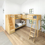 TREY XL NP : Multiple Bunk Beds Twin XL High Corner Loft Bunk with Angled Ladder and Stairs on Left, Panel, Natural