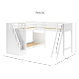 TREY XL WP : Multiple Bunk Beds Twin XL High Corner Loft Bunk with Angled Ladder and Stairs on Left, Panel, Chestnut