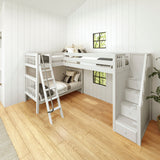 TROIKA XL WS : Multiple Bunk Beds Twin XL High Corner Loft Bunk with Angled Ladder and Stairs on Right, Slat, White